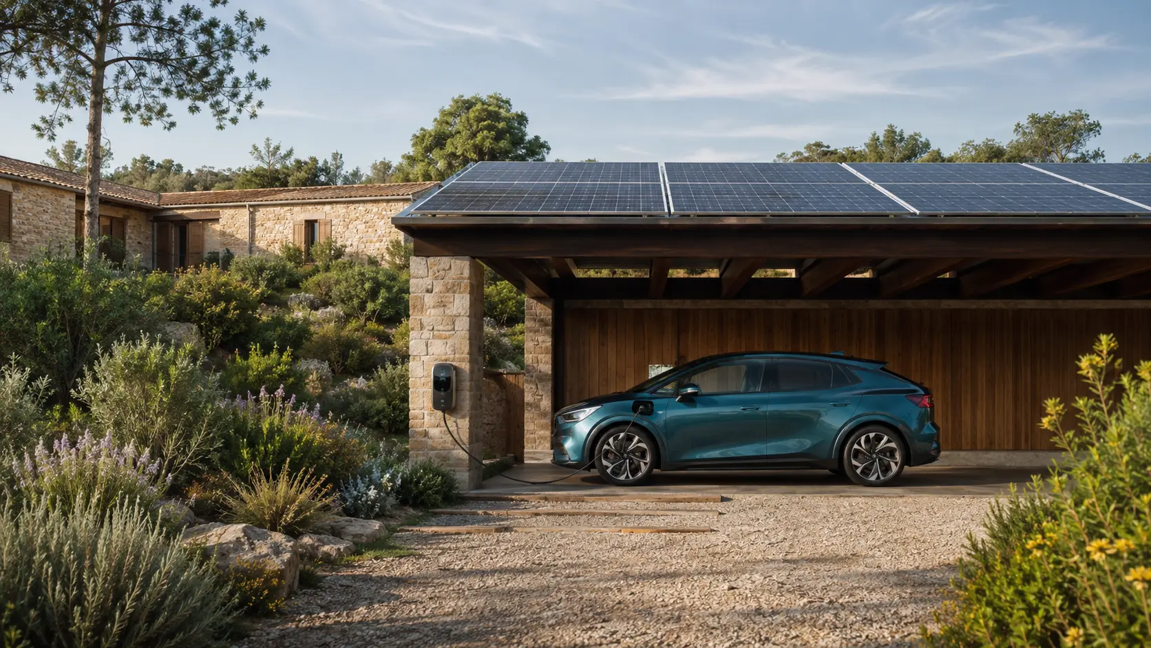 Coche eléctrico cargando bajo una cubierta solar en una vivienda mediterránea