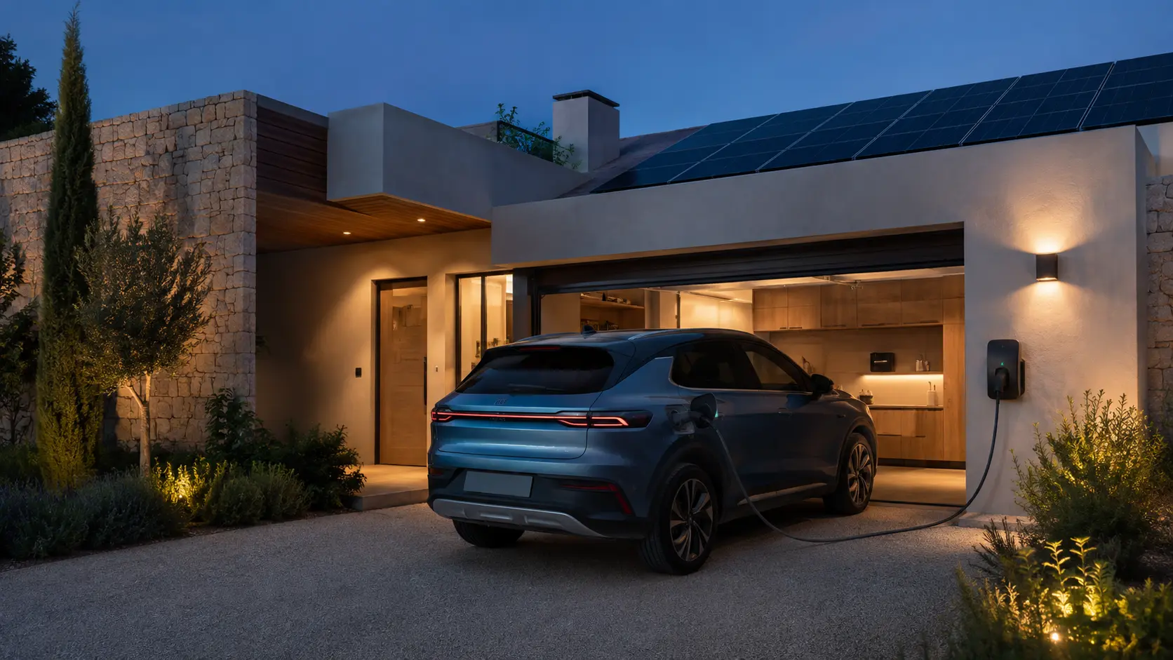 Vivienda contemporánea con placas solares y coche eléctrico cargando mediante un wallbox