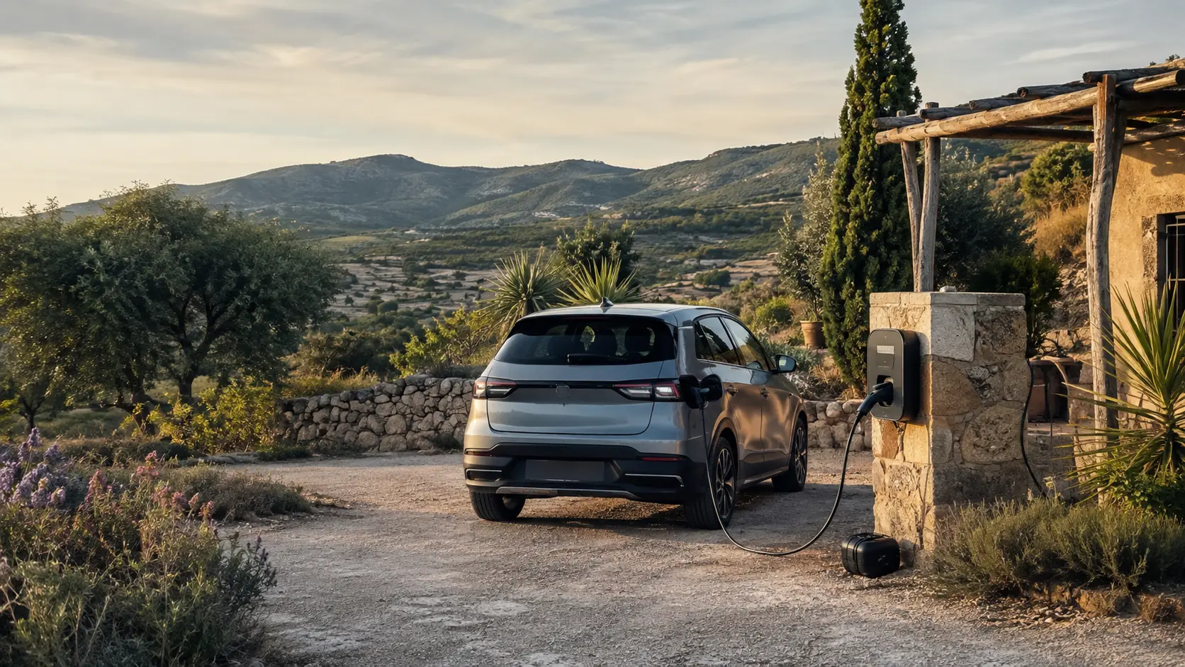 Vehículo eléctrico cargando de forma segura junto a una vivienda rural mediterránea